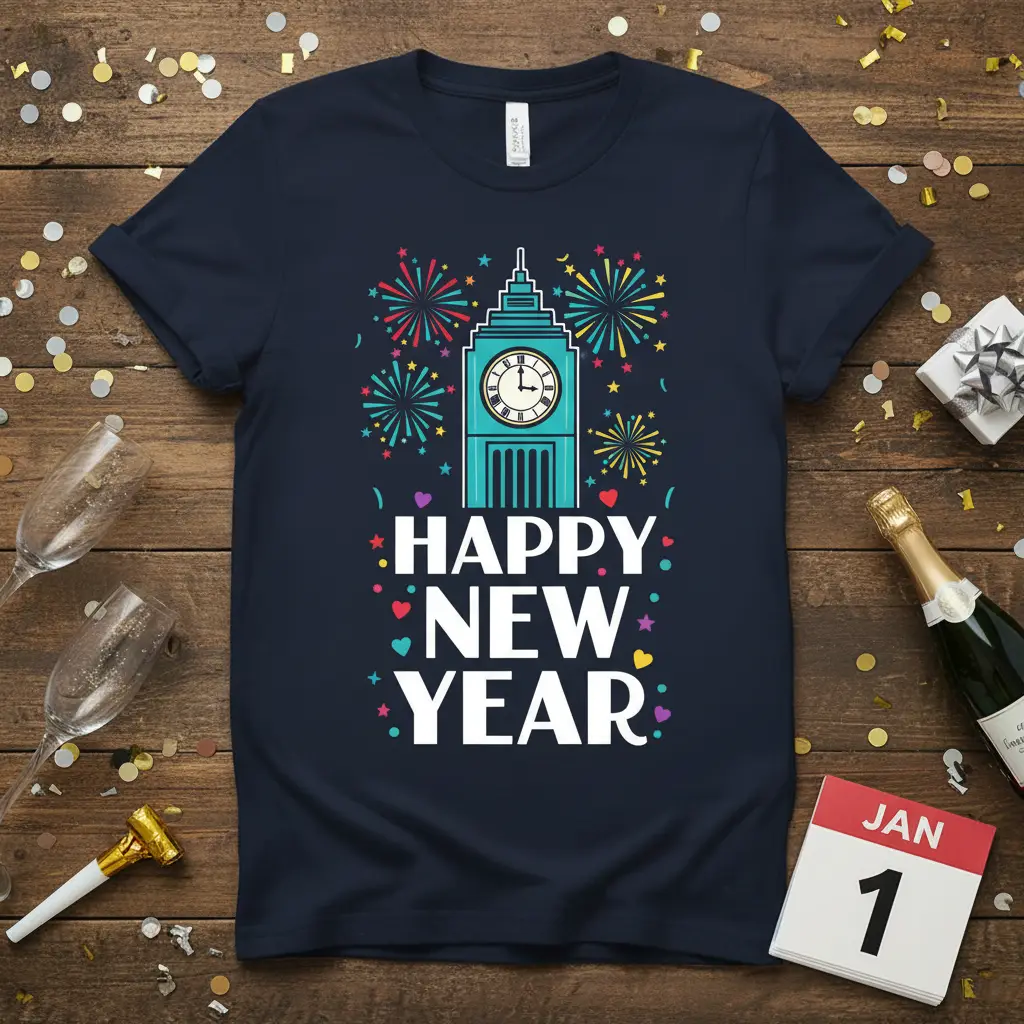 Happy New Year text with Big Ben clock tower graphic and colorful fireworks display