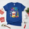 Happy New Year text with a cute Maneki Neko cat and Japanese New Year decorations on a blue t-shirt