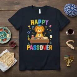 Happy Passover t-shirt design featuring a cute cartoon lion wearing a kippah and sitting at a table with Passover food