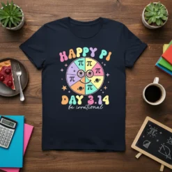 Happy Pi Day 3.14 be irrational quote on a navy t-shirt with a colorful pie chart graphic and planets