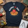 Happy Pi Day 3.14 text with a pie and pi symbol graphic on a dark navy t-shirt
