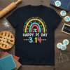 Happy Pi Day 3.14 t-shirt with colorful rainbow, pi symbol, and mathematical digits
