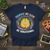 Happy Pi Day Be Irrational t-shirt design with a smiling brain character wearing a laurel wreath and holding peace signs