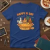 Happy Pi Day t-shirt with chickens and a pie, featuring math equations and the pi symbol