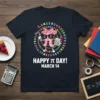 Happy Pi Day March 14 t-shirt with a cartoon Pi character, calculator, and numbers in a circle