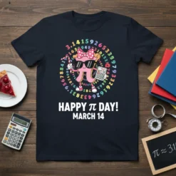 Happy Pi Day March 14 t-shirt with a cartoon Pi character, calculator, and numbers in a circle