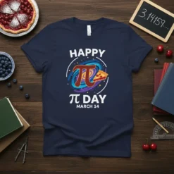 Happy Pi Day March 14 t-shirt with a colorful pi symbol and slice of pie graphic