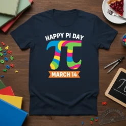 Happy Pi Day March 14 t-shirt design featuring a colorful Pi symbol and festive text
