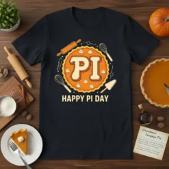 Happy Pi Day t-shirt design with a pie graphic, rolling pin, and whisk. Features the text "Happy Pi Day"