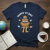 Happy Pi Day t-shirt with a pi symbol and a tiered blueberry pie graphic, surrounded by planets and stars