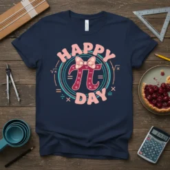 Happy Pi Day t-shirt design featuring the pi symbol with a bow and mathematical equations around it