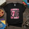 Happy Pi Day t-shirt with pink pi symbol and flowers, designed for math lovers