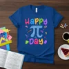 Happy Pi Day t-shirt design with a large pi symbol filled with numbers, surrounded by math icons and colorful text
