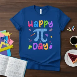 Happy Pi Day t-shirt design with a large pi symbol filled with numbers, surrounded by math icons and colorful text