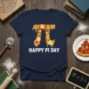Happy Pi Day t-shirt featuring a pizza slice pi symbol graphic and white text