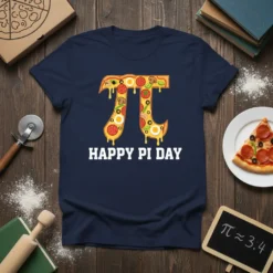 Happy Pi Day t-shirt featuring a pizza slice pi symbol graphic and white text