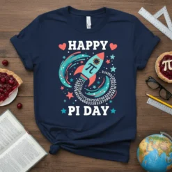 Happy Pi Day t-shirt with a rocket blasting through space, featuring the Pi symbol and digits of Pi