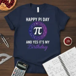 Happy Pi Day And Yes It's My Birthday text with a large Pi symbol graphic on a navy t-shirt