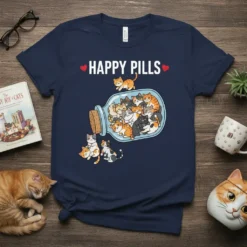 Happy Pills T-Shirt design with a bottle filled with cute kittens and the text "HAPPY PILLS"