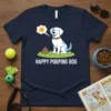 Happy Pooping Dog graphic t-shirt featuring a cartoon dog sitting next to poop with a sun icon in a thought