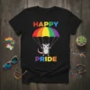 Happy Pride t-shirt with a cute opossum holding a rainbow parachute, text says Happy Pride