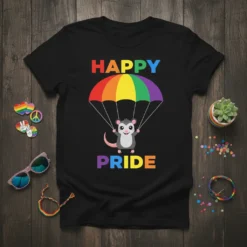 Happy Pride t-shirt with a cute opossum holding a rainbow parachute, text says Happy Pride