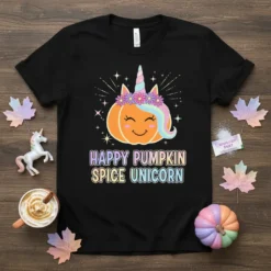 Happy Pumpkin Spice Unicorn text on a black t-shirt with a cute pumpkin unicorn graphic featuring a pastel mane