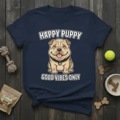 Happy Puppy Good Vibes Only text with a cute cartoon shar pei dog wearing a collar on a navy t-shirt