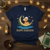 Happy Ramadan t-shirt with a cartoon camel sitting on a crescent moon under a starry sky