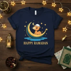 Happy Ramadan t-shirt with a cartoon camel sitting on a crescent moon under a starry sky