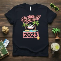 Happy Retirement 2023 t-shirt with a cartoon cat relaxing in a hammock between palm trees