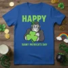 Happy Saint Patrick's Day t-shirt design with a smiling gorilla wearing a green hat and holding a shamrock