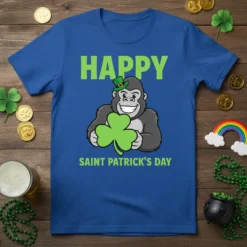 Happy Saint Patrick's Day t-shirt design with a smiling gorilla wearing a green hat and holding a shamrock