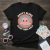 Black t-shirt with "Happy Slime Good Vibes Only" text and a cute pink slime character in a retro circle design