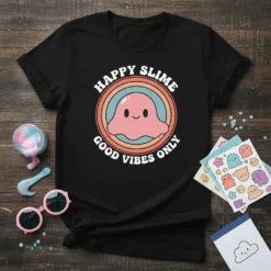 Black t-shirt with "Happy Slime Good Vibes Only" text and a cute pink slime character in a retro circle design