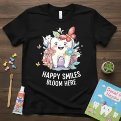 Happy Smiles Bloom Here text with a cute smiling tooth graphic and butterflies on a black t-shirt