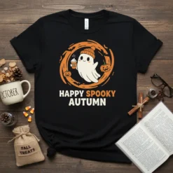 Happy Spooky Autumn t-shirt design with a cute ghost holding coffee, surrounded by pumpkins and bats