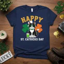 Happy St. Catricks Day t-shirt with a black and white cat wearing sunglasses and a bowtie, holding a green drink
