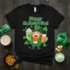 Happy St. Fatty's Day! text with a cartoon leprechaun holding a green drink and a beer mug, surrounded by shamrocks