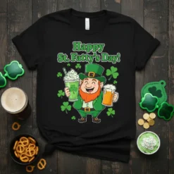 Happy St. Fatty's Day! text with a cartoon leprechaun holding a green drink and a beer mug, surrounded by shamrocks