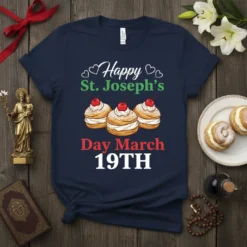 Navy t-shirt with "Happy St. Joseph's Day March 19TH" text and three cream-filled pastries topped with cherries graphic