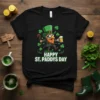 Happy St. Paddy's Day t-shirt with a cartoon leprechaun holding a beer mug and cane, surrounded by shamrocks