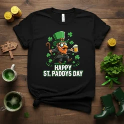 Happy St. Paddy's Day t-shirt with a cartoon leprechaun holding a beer mug and cane, surrounded by shamrocks
