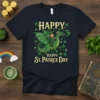 Happy St. Patrex Day Dragon Leprechaun T-Shirt with a leprechaun riding a green dragon surrounded by shamrocks