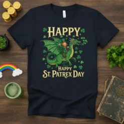 Happy St. Patrex Day Dragon Leprechaun T-Shirt with a leprechaun riding a green dragon surrounded by shamrocks