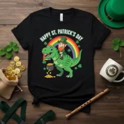 Happy St. Patrick's Day Dinosaur T-Shirt design with a green T-Rex and a leprechaun riding it, under a rainbow and