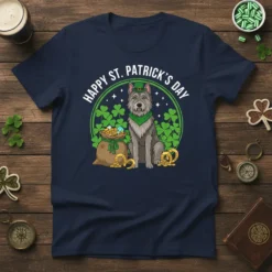 Happy St. Patrick's Day Dog T-Shirt design with a grey dog wearing a green hat, sitting next to a pot