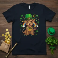 Happy St. Patrick's Day dog wearing a green leprechaun hat, holding a pot of gold with a rainbow