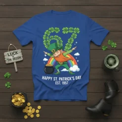 Happy St. Patrick's Day Est. 1957 t-shirt with a leprechaun dancing under a rainbow, holding a pot of gold. The