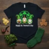 Happy St. Patrick's Day text with three cute gnomes holding a pot of gold, horseshoe, and shamrocks on a black